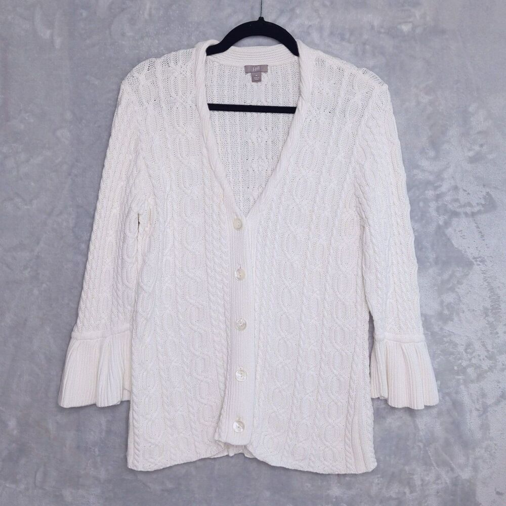 J JILL White Cable Knit Cardigan Size M Longline Flare Sleeve Cotton Fisherman